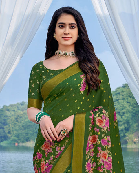 Dark Green Printed Chiffon Georgette Saree With Weaved Fancy Border