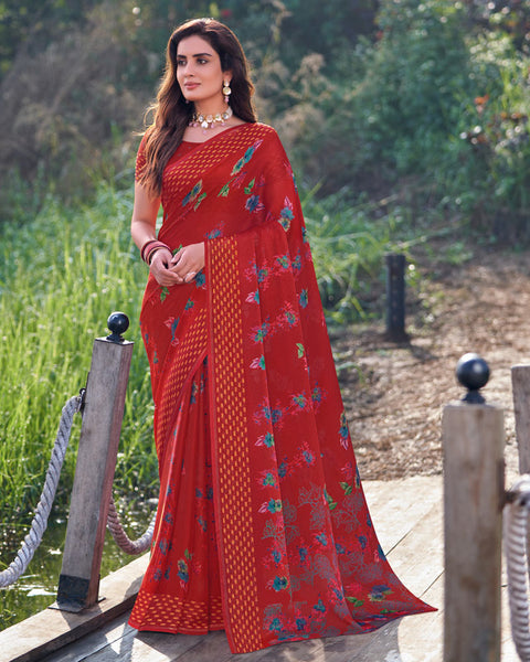 Dark Red Printed Chiffon Georgette Saree With Weaved Fancy Border