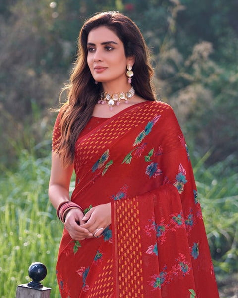 Dark Red Printed Chiffon Georgette Saree With Weaved Fancy Border