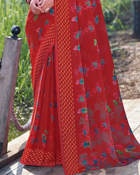 Dark Red Printed Chiffon Georgette Saree With Weaved Fancy Border