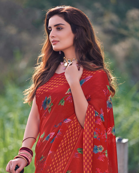 Dark Red Printed Chiffon Georgette Saree With Weaved Fancy Border