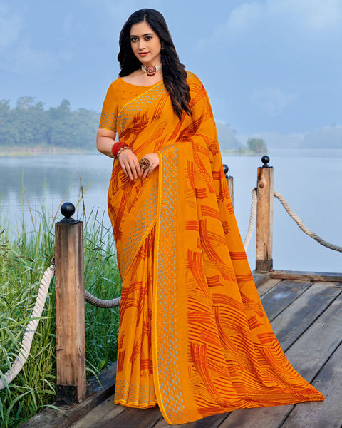 Orange Printed Chiffon Georgette Saree With Weaved Fancy Border