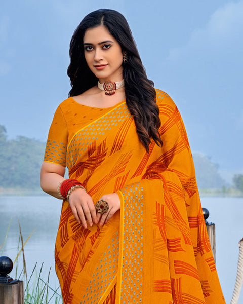 Orange Printed Chiffon Georgette Saree With Weaved Fancy Border