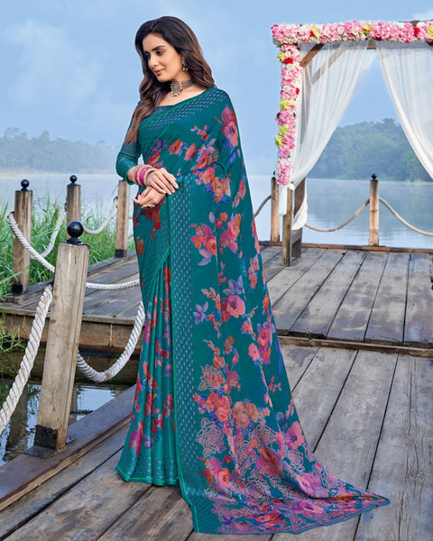 Dark Teal Blue Printed Chiffon Georgette Saree With Weaved Fancy Border