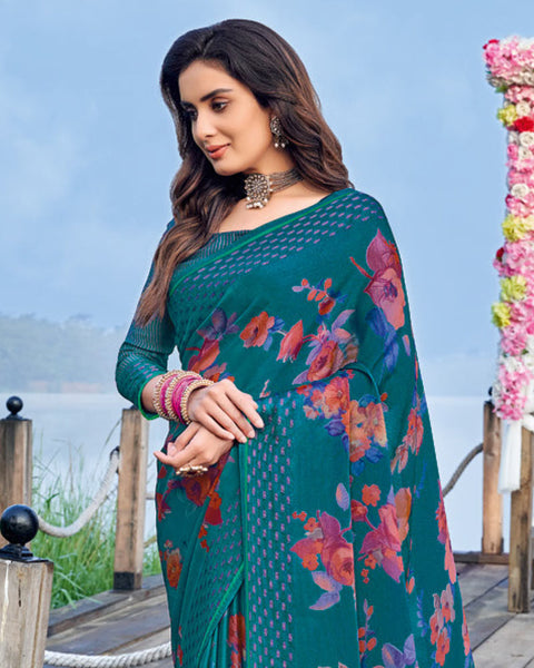 Dark Teal Blue Printed Chiffon Georgette Saree With Weaved Fancy Border