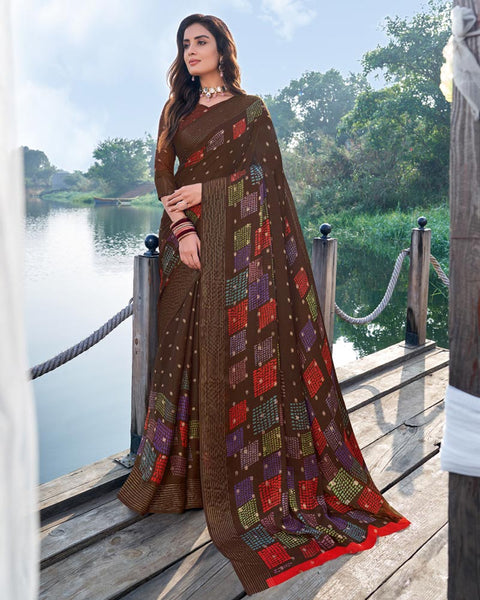 Saddle Brown Printed Chiffon Georgette Saree With Weaved Fancy Border