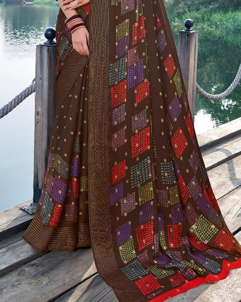 Saddle Brown Printed Chiffon Georgette Saree With Weaved Fancy Border