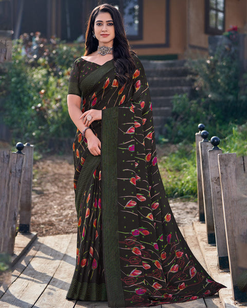 Dark Jungle Green Printed Chiffon Georgette Saree With Weaved Fancy Border