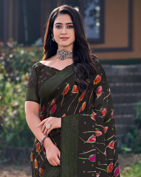 Dark Jungle Green Printed Chiffon Georgette Saree With Weaved Fancy Border