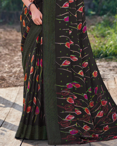 Dark Jungle Green Printed Chiffon Georgette Saree With Weaved Fancy Border