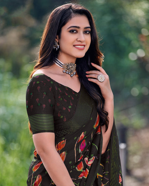 Dark Jungle Green Printed Chiffon Georgette Saree With Weaved Fancy Border