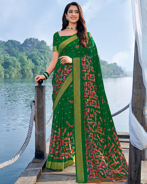 Dark Green Printed Chiffon Georgette Saree With Weaved Fancy Border