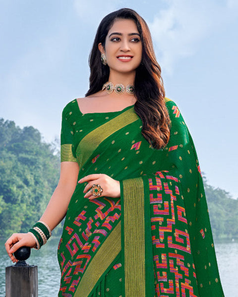 Dark Green Printed Chiffon Georgette Saree With Weaved Fancy Border