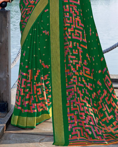 Dark Green Printed Chiffon Georgette Saree With Weaved Fancy Border