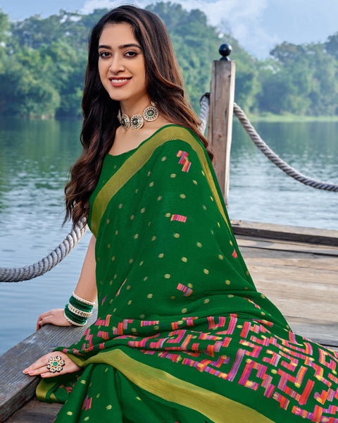 Dark Green Printed Chiffon Georgette Saree With Weaved Fancy Border