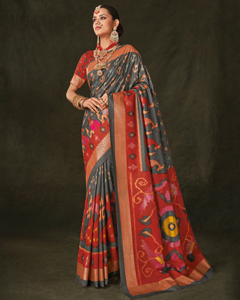 Fuscous Grey Patola Print Soft Art Silk Saree With Foil Print