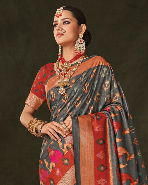 Fuscous Grey Patola Print Soft Art Silk Saree With Foil Print