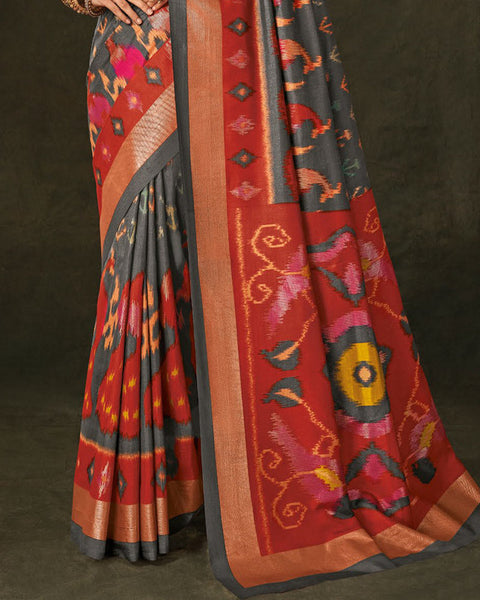 Fuscous Grey Patola Print Soft Art Silk Saree With Foil Print