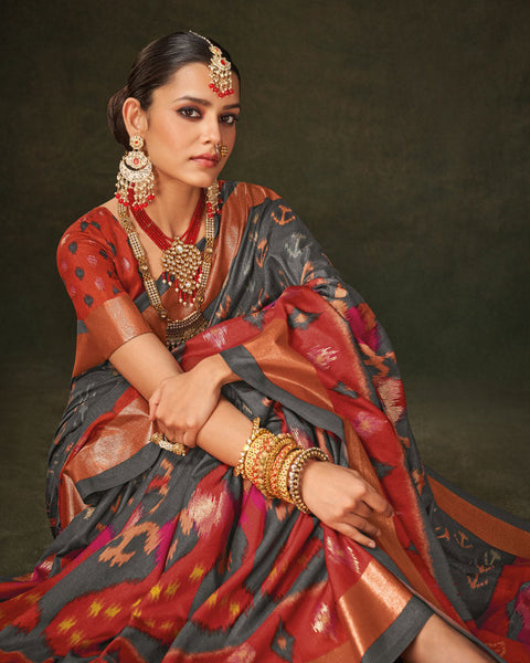 Fuscous Grey Patola Print Soft Art Silk Saree With Foil Print