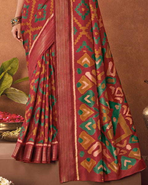 Brick Red Patola Print Soft Art Silk Saree With Weaved Fancy Border