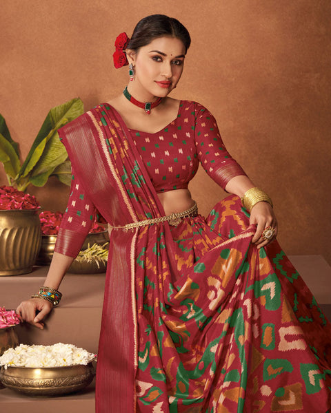 Brick Red Patola Print Soft Art Silk Saree With Weaved Fancy Border