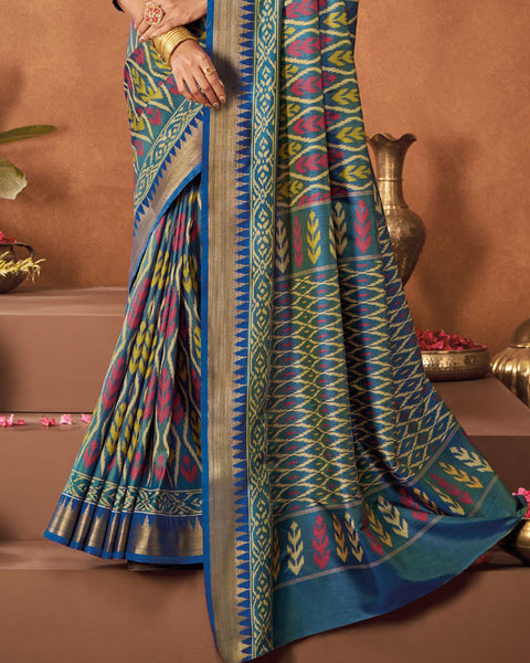 Cello Blue Patola Print Soft Art Silk Saree With Weaved Fancy Border
