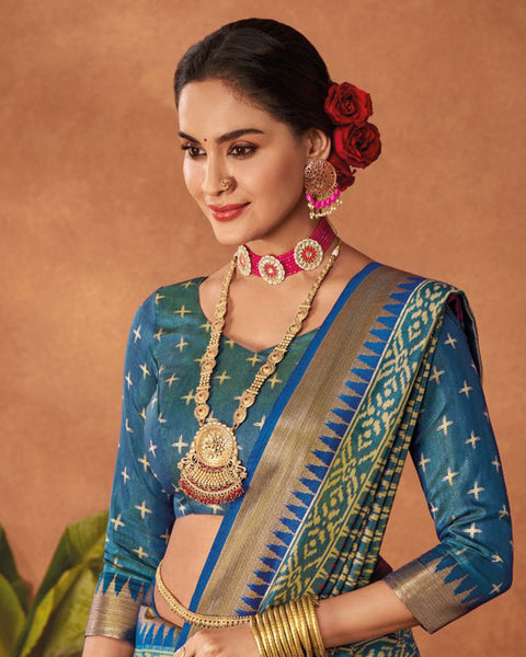 Cello Blue Patola Print Soft Art Silk Saree With Weaved Fancy Border