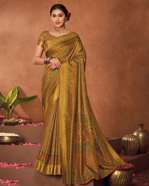 Ochre Patola Print Soft Art Silk Saree With Weaved Fancy Border