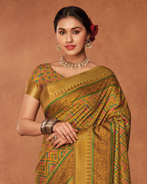 Ochre Patola Print Soft Art Silk Saree With Weaved Fancy Border