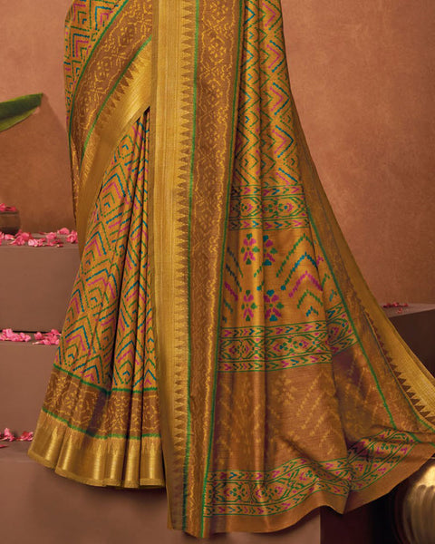 Ochre Patola Print Soft Art Silk Saree With Weaved Fancy Border