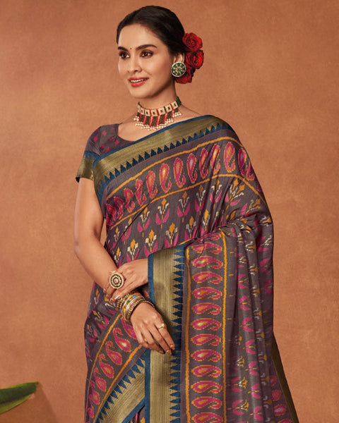 Don Jaun Brown Patola Print Soft Art Silk Saree With Weaved Fancy Border