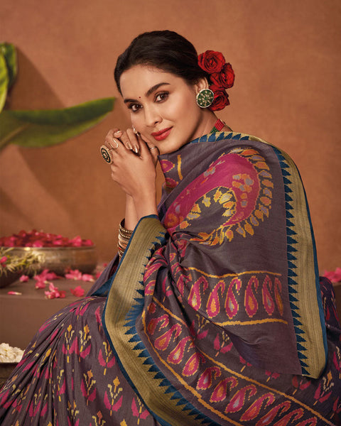 Don Jaun Brown Patola Print Soft Art Silk Saree With Weaved Fancy Border