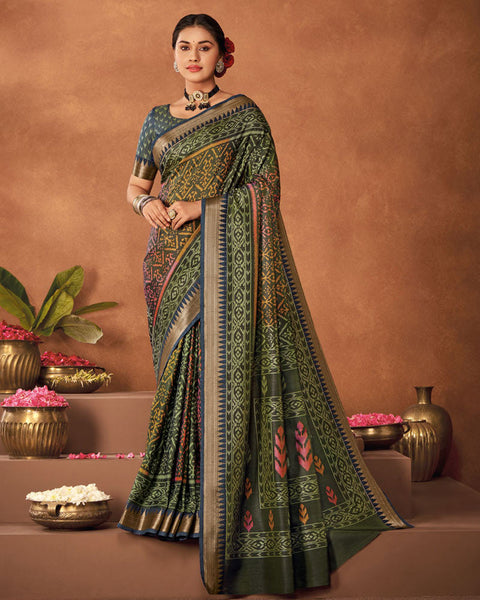 Kelp Green Patola Print Soft Art Silk Saree With Weaved Fancy Border