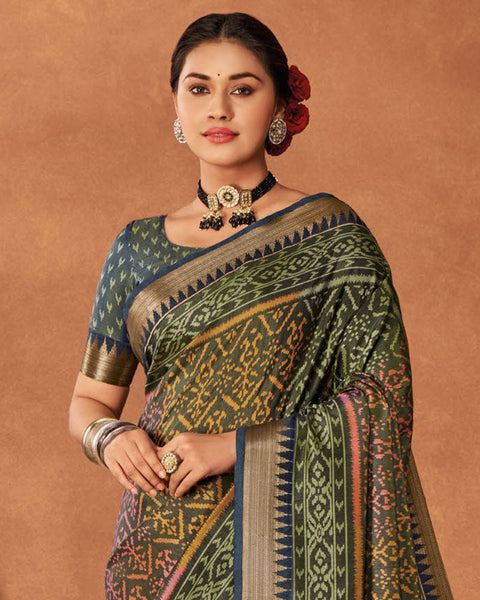 Kelp Green Patola Print Soft Art Silk Saree With Weaved Fancy Border