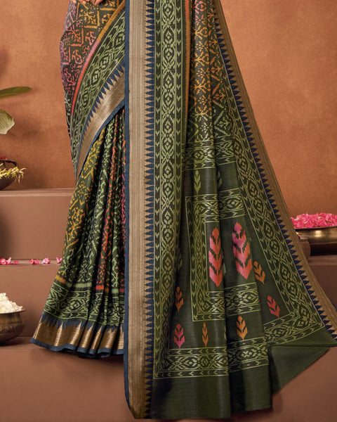 Kelp Green Patola Print Soft Art Silk Saree With Weaved Fancy Border