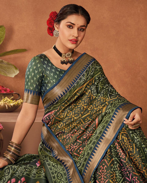 Kelp Green Patola Print Soft Art Silk Saree With Weaved Fancy Border