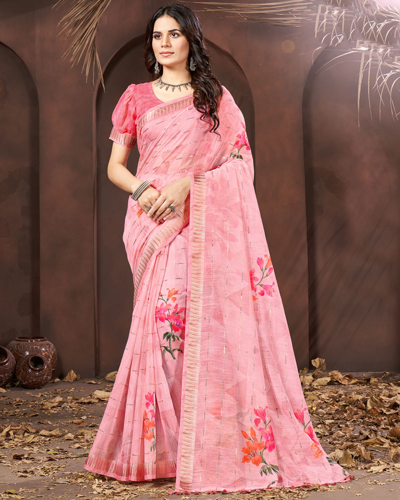 Rose Pink Printed Poly Cotton Designer Saree With Sequence Weaving Border