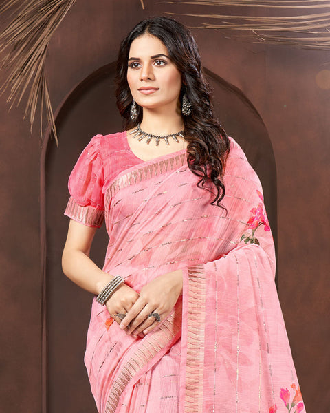 Rose Pink Printed Poly Cotton Designer Saree With Sequence Weaving Border