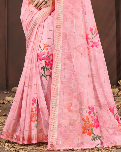 Rose Pink Printed Poly Cotton Designer Saree With Sequence Weaving Border