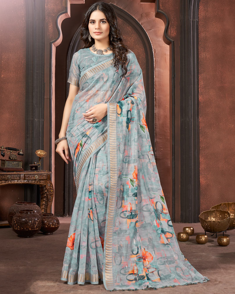 Hit Grey Printed Poly Cotton Designer Saree With Sequence Weaving Border