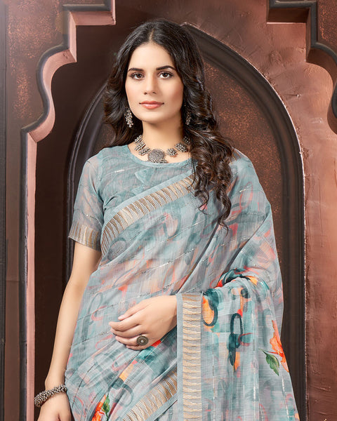 Hit Grey Printed Poly Cotton Designer Saree With Sequence Weaving Border