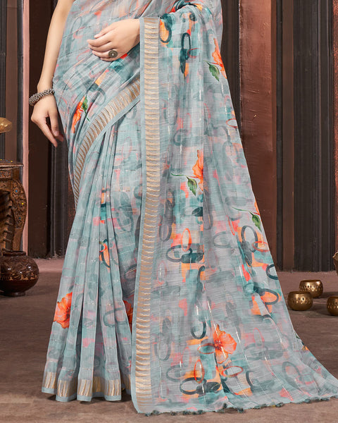 Hit Grey Printed Poly Cotton Designer Saree With Sequence Weaving Border