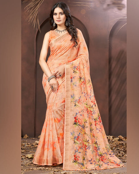 Tacao Orange Printed Poly Cotton Designer Saree With Sequence Weaving Border
