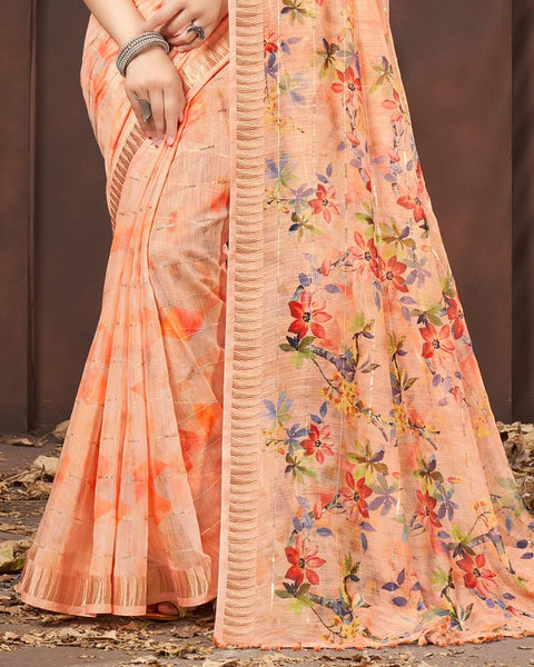 Tacao Orange Printed Poly Cotton Designer Saree With Sequence Weaving Border
