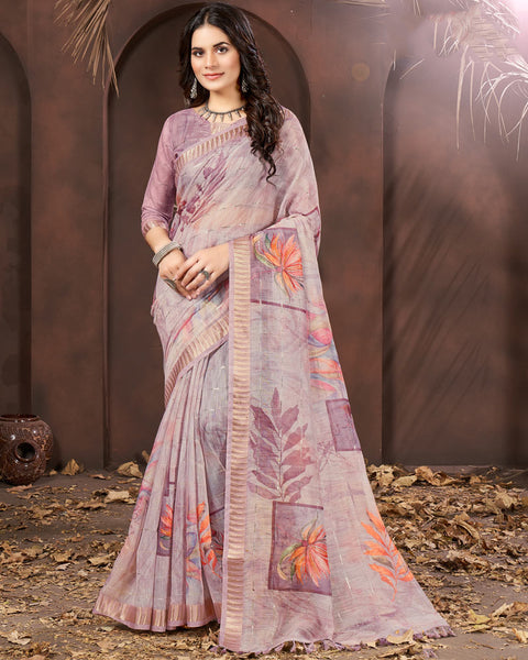 Mauve Printed Poly Cotton Designer Saree With Sequence Weaving Border