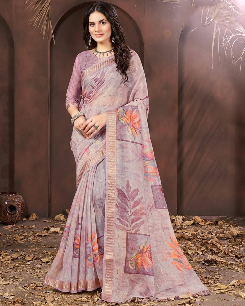 Mauve Printed Poly Cotton Designer Saree With Sequence Weaving Border