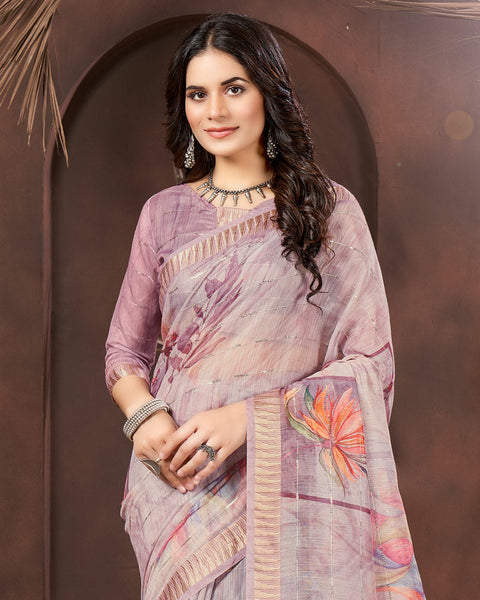 Mauve Printed Poly Cotton Designer Saree With Sequence Weaving Border