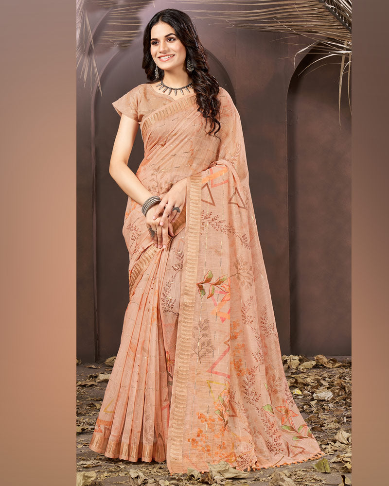 Pastel Orange Printed Poly Cotton Designer Saree With Sequence Weaving Border