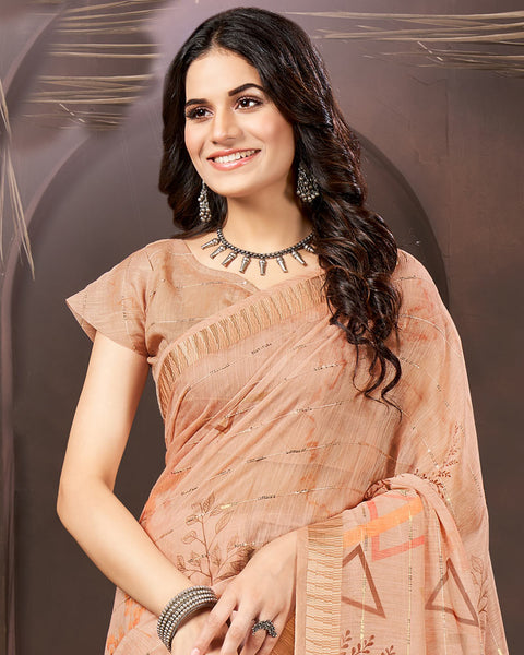 Pastel Orange Printed Poly Cotton Designer Saree With Sequence Weaving Border