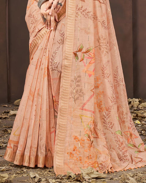 Pastel Orange Printed Poly Cotton Designer Saree With Sequence Weaving Border